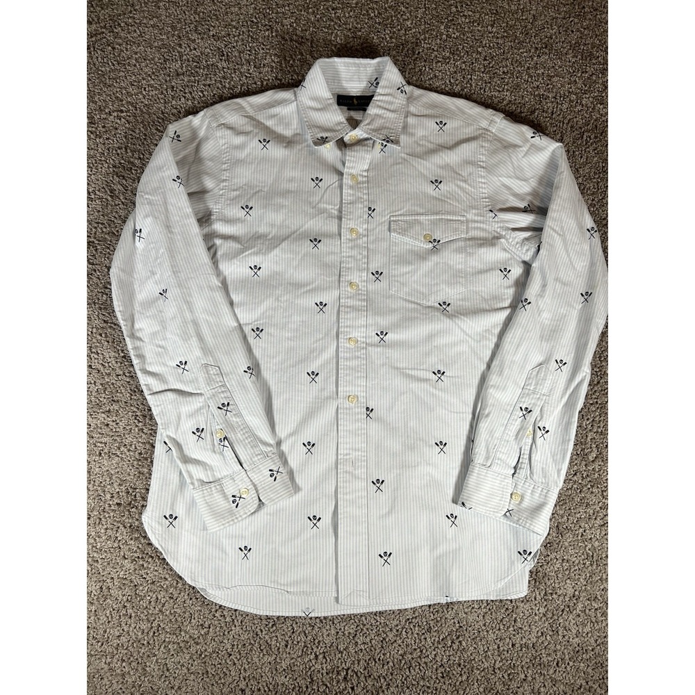 Polo Ralph Lauren Shirt Men M Blue White Stripe Button Up Skull Oars Classic Fit